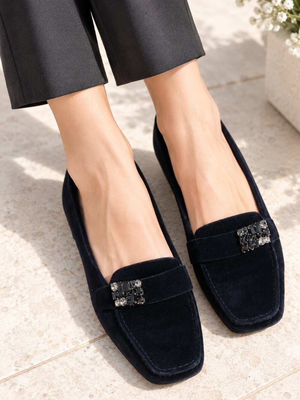 Stuart Weitzman Black Suede Jeweled Crystal Buckle Square Toe Loafers Size 8